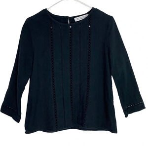Skin And Threads Boho Top Womens Size Medium Black Peasant Top Crewneck Long Slv